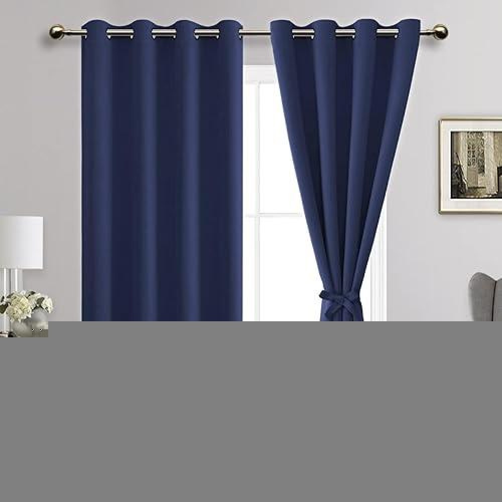 Jiuzhen Navy Blue Blackout Curtains With Tiebacks Thermal Insulated Light Blocking And Noise Reducing Grommet Curtains For Bedr