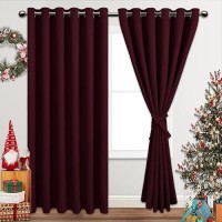 Jiuzhen Burgundy Blackout Curtains With Tiebacks Thermal Insulated Light Blocking And Noise Reducing Grommet Curtains For Bedro