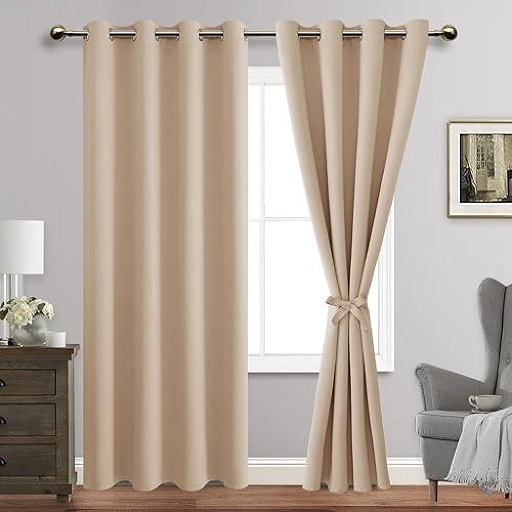 Jiuzhen Beige Blackout Curtains With Tiebacks Light Blocking And Noise Reducing Grommet Curtains For Bedroom And Living Room