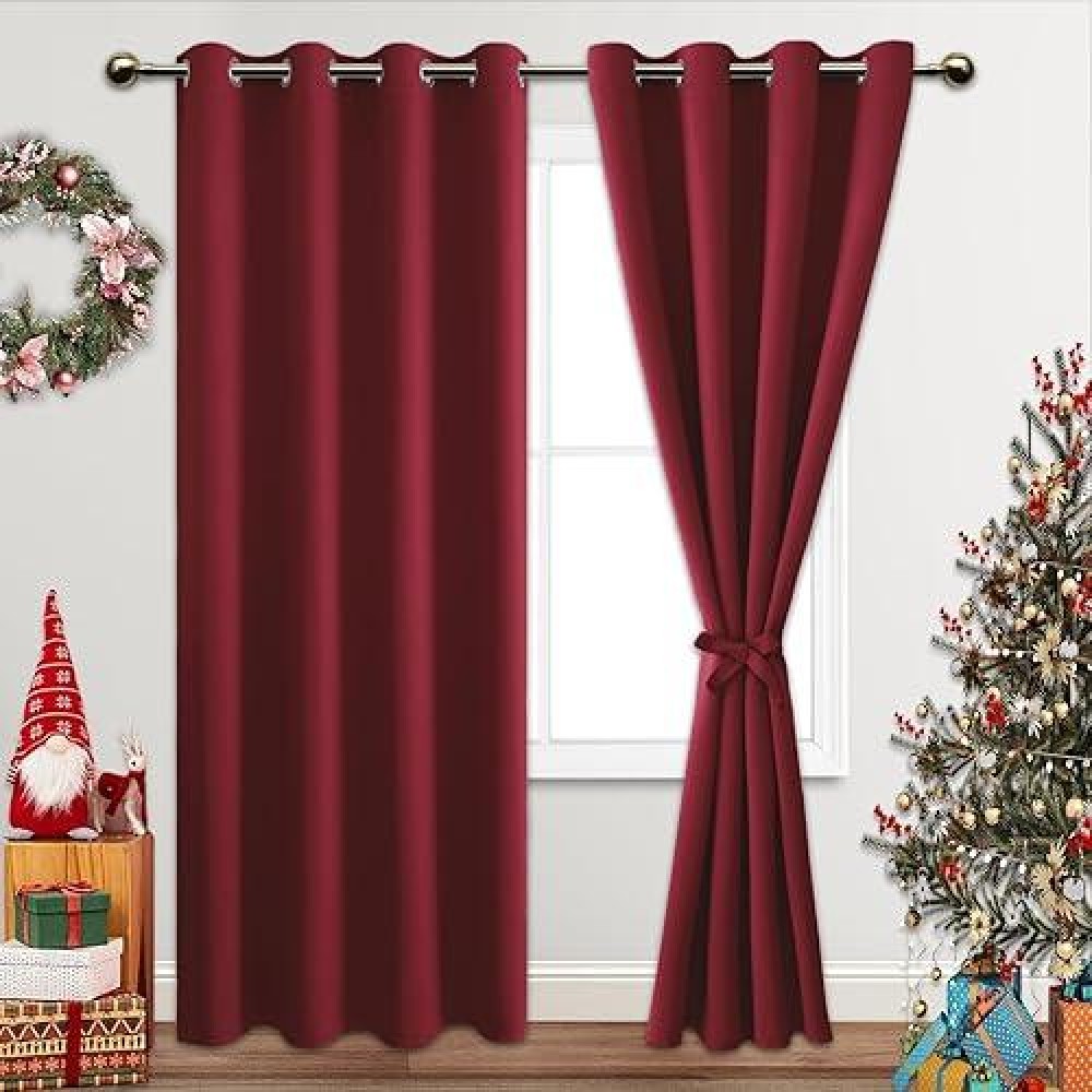 Jiuzhen Red Blackout Curtains With Tiebacks Thermal Insulated Light Blocking And Noise Reducing Grommet Curtains For Bedroom