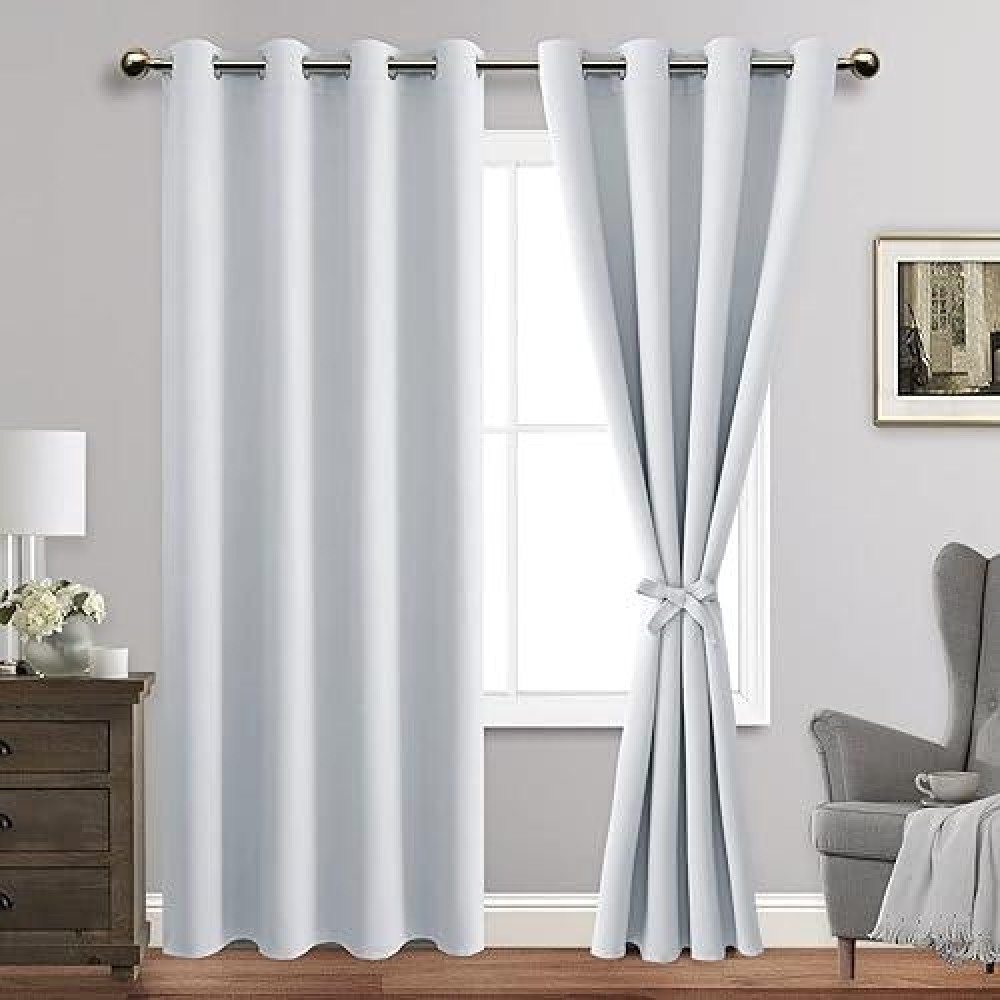 Jiuzhen Greyish White Blackout Curtains With Tiebacks Thermal Insulated Light Blocking And Noise Reducing Grommet Curtains For