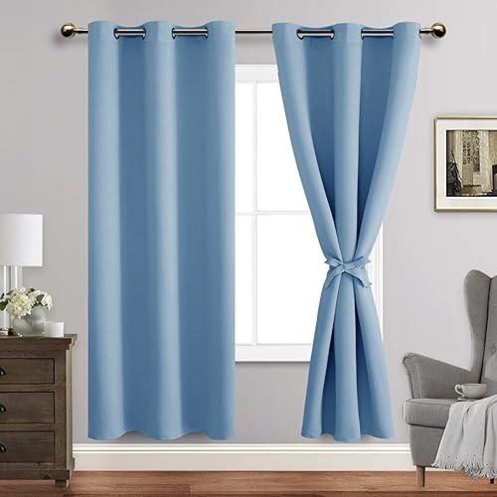 Jiuzhen Light Blue Blackout Curtains With Tiebacks Thermal Insulated Light Blocking And Noise Reducing Grommet Curtains For And