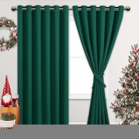 Jiuzhen Forest Green Blackout Curtains With Tiebacks Light Blocking And Noise Reducing Grommet Curtains For Bedroom And Living