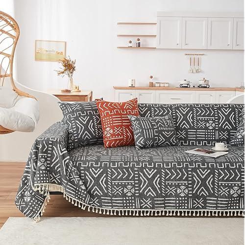 Handontime Black White Boho Sofa Cover Geometric Farmhouse Tassel Couch Covers Boho Living Room D Cor Dog Sofa Covers For Slipc