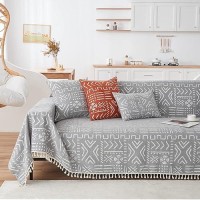 Handontime Bohemian Grey And White Couch Cover For Dogs Aztec Tribal Sofa Covers For 3 Cushion Couch Aesthetic Tassel Couch Slip