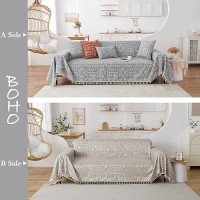 Handontime Bohemian Grey And White Couch Cover For Dogs Aztec Tribal Sofa Covers For 3 Cushion Couch Aesthetic Tassel Couch Slip