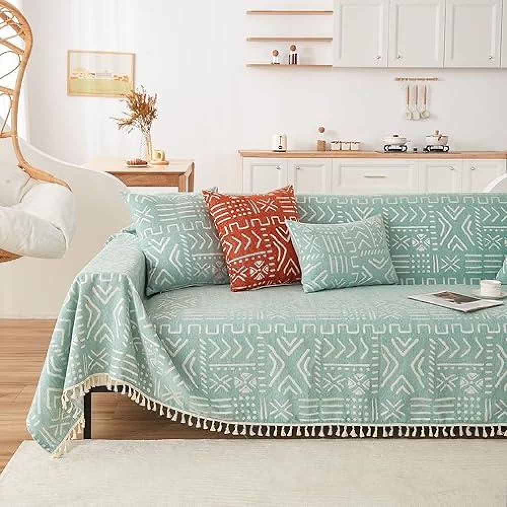 Handontime Farmhouse Couch Cover Tassel Light Green Sofa Covers For Dogs Boho D Cor Geometric Aztec Couch Cushion Cover Sofa Pr