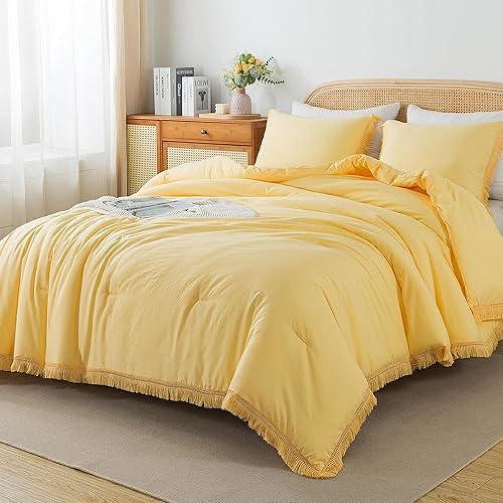 Andency Yellow Tassel Comforter Set King(104X90Inch)  3 Pieces(1 Boho Comforter  2 Pillowcases) Farmhouse Shabby Chic Comforter Set  Soft Microfiber Lightweight Fringe Bedding Comforter Set