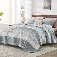 Andency Grey Striped Quilt King(106X96Inch)  3 Pieces (1 Quilt And 2 Pillowcases) Patchwork Bedspread Coverlet Set  Soft Microfiber Quilted Bedding Set