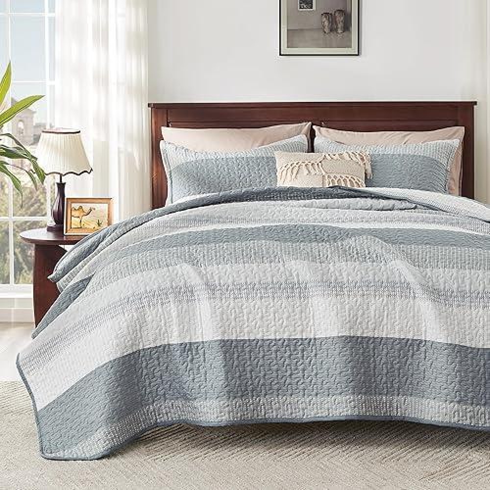 Andency Grey Striped Quilt Set Cal King(104X112Inch)  3 Pieces (1 Quilt And 2 Pillowcases) Patchwork Bedspread Coverlet Set  Soft Lightweight Quilted Bedding Set