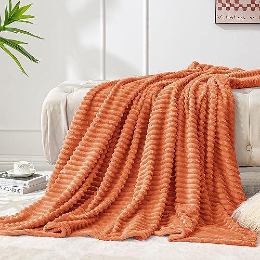 Bedelite Fleece Blanket Twin Size - 3D Ribbed Jacquard Soft And Warm Decorative Fuzzy Blankets - Cozy  Fluffy  Plush Lightweight Throw Blankets For Couch  Bed  Sofa(Orange  60X80 Inches)