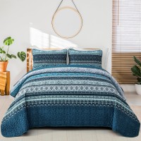 Wongs Bedding Boho Queen Quilt Set Blue Bohemian Queen Quilt Bedding Set Lightweight Microfiber Bed Decor Bedspread For All Se