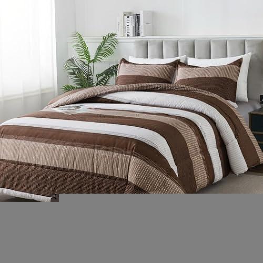 Andency Stripe Comforter Set Twin Size 66X90 Inch 2 Pieces Brown Patchwork Striped Comforter Soft Microfiber Down Alternativ