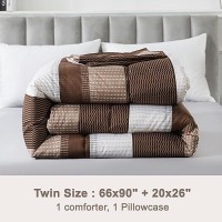 Andency Stripe Comforter Set Twin Size 66X90 Inch 2 Pieces Brown Patchwork Striped Comforter Soft Microfiber Down Alternativ