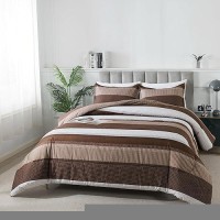 Andency Stripe Comforter Set King Size 104X90 Inch 3 Pieces Brown Patchwork Striped Comforter Soft Microfiber Down Alternati