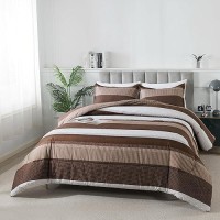 Andency Stripe Comforter Set Full Size 79X90 Inch 3 Pieces Brown Patchwork Striped Comforter Soft Microfiber Down Alternativ