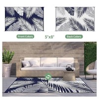 Genimo Outdoor Rug 5' X 8' Waterproof For Patios Clearance  Reversible Outdoor Plastic Straw Camping Rug Carpet  Large Area Rugs Mats For Rv  Picnic  Backyard  Deck  Balcony  Porch  Beach  Blue&White