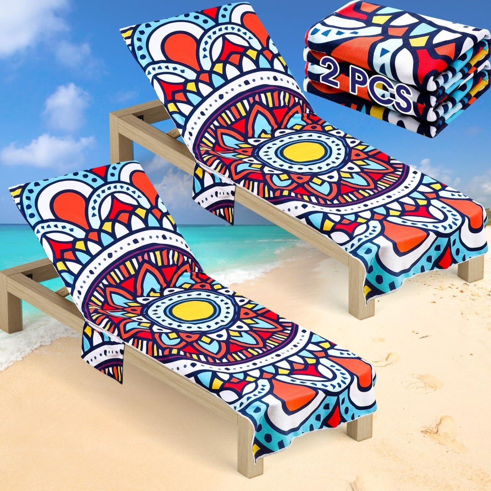 Oudain 2 Pcs Beach Chair Covers With Side Pockets Boho Pool Chaise Lounge Cover Mandala Microfiber Chaise Lounge Chair Towel Cov