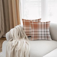 Aofanggo Set Of 2 Fall Pillow Covers Autumn Decorative Throw Pillow Cases 18X18 Inch Orange Grey Plaids Cushion Covers Faux Line