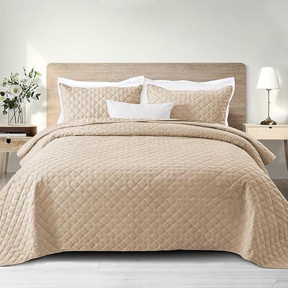 Exclusivo Mezcla Soft Quilt Set Queen Full Size 3 Pieces Lightweight Quilts Brich Beige Bedspreads Coverlets Bedding Set For Al