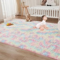 Andency 4X6 Shag Area Rug For Living Room Rainbow Soft Fuzzy Plush Indoor Carpets For Bedroom Non Skid Fluffy Faux Fur Rug For