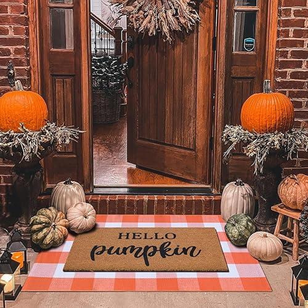 Fall Decor Door Mat Combo Set  100% Coco Coir Welcome Mat + 28 X 43 Inches Orange And White Plaid Rug - Fall Thanksgiving Front Porch Entryway Floor Doormat  Indoor Outdoors Autumn Mats Hello Pumpkin