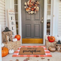 Fall Decor Door Mat Combo Set  100% Coco Coir Welcome Mat + 28 X 43 Inches Orange And White Plaid Rug - Fall Thanksgiving Front Porch Entryway Floor Doormat  Indoor Outdoors Autumn Mats Hello Pumpkin