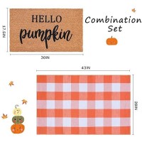 Fall Decor Door Mat Combo Set  100% Coco Coir Welcome Mat + 28 X 43 Inches Orange And White Plaid Rug - Fall Thanksgiving Front Porch Entryway Floor Doormat  Indoor Outdoors Autumn Mats Hello Pumpkin