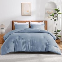 Andency Grayish Blue Comforter Set Queen Size 3 Pieces Solid Boho Lightweight Bedding Comforter Set All Season Soft Bed Comfor