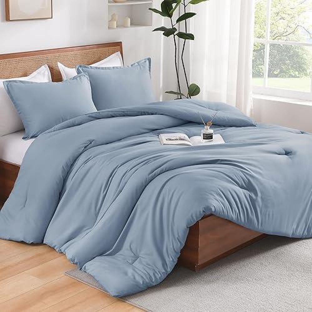 Andency Grayish Blue King Size Comforter Set 3 Pieces Solid Blue Bed Comforter Set Lightweight Fluffy Blue Bedding Comforter S