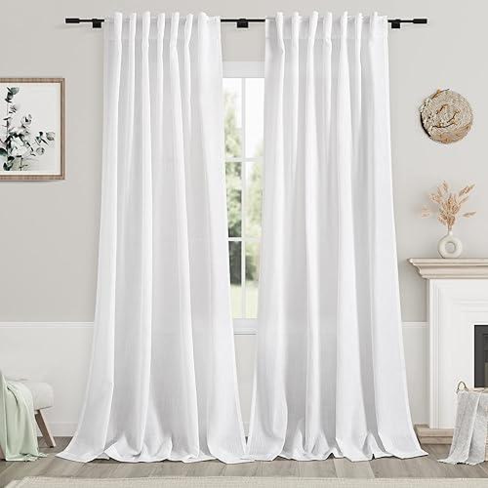 White Linen Curtains 100 Inches Long For Bedroom Back Tab Light Filtering Privacy Sheer White Curtains Modern Farmhouse Coastal