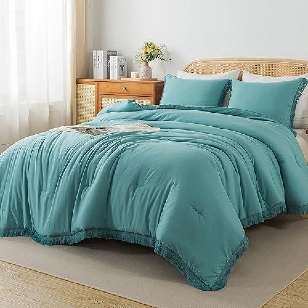 Andency Aqua Tassel Comforter Set Queen(90X90Inch)  3 Pieces(1 Boho Comforter  2 Pillowcases) Farmhouse Shabby Chic Comforter Set  Soft Microfiber Lightweight Fringe Bedding Comforter Set