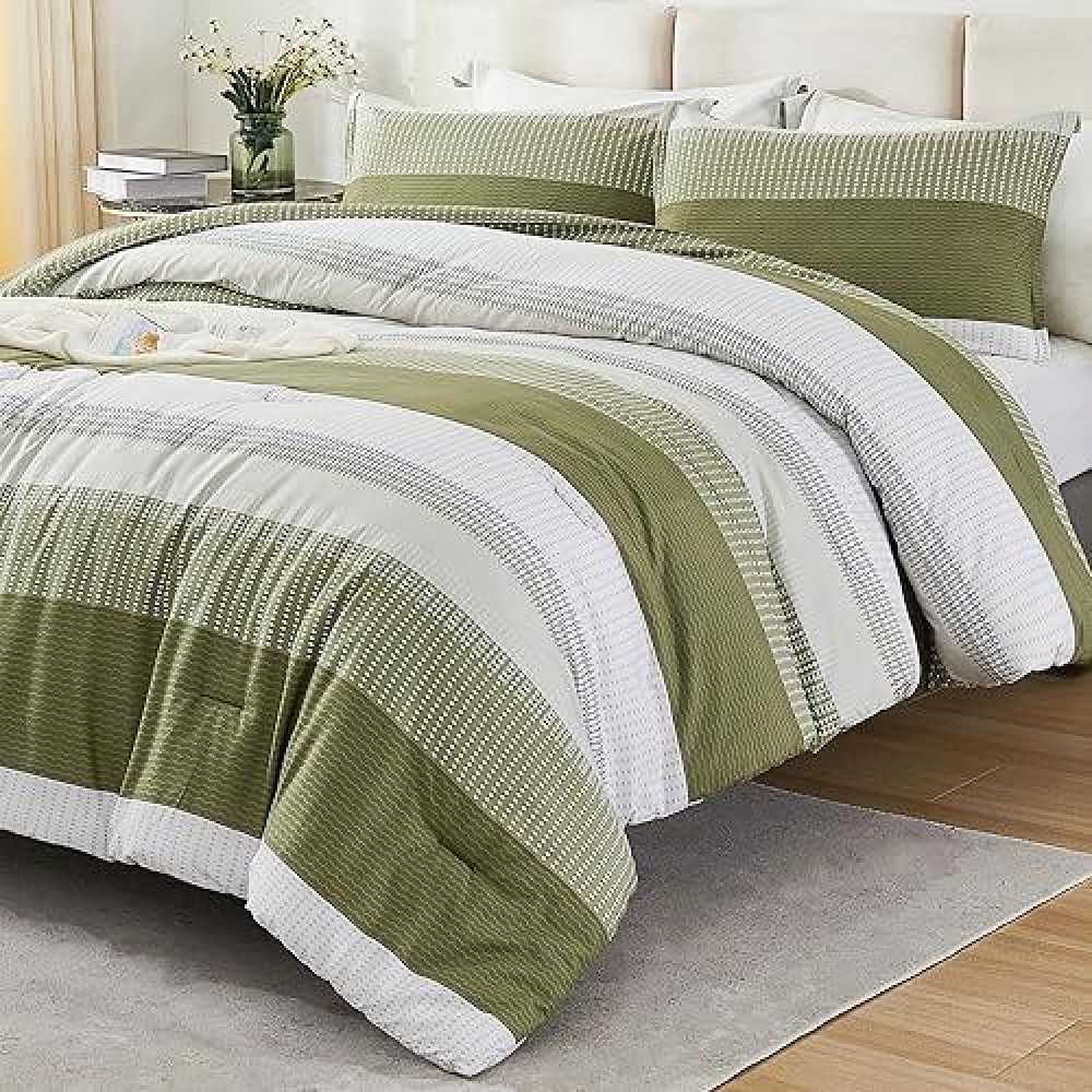 Litanika Olive Green Comforter Set Full 3 Pieces Lightweight Olive Green White Colorblock Stripe Fluffy Bedding Comforter Sets