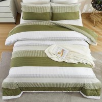 Litanika Olive Green Comforter Set Full 3 Pieces Lightweight Olive Green White Colorblock Stripe Fluffy Bedding Comforter Sets