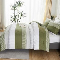 Litanika Olive Green Comforter Set Full 3 Pieces Lightweight Olive Green White Colorblock Stripe Fluffy Bedding Comforter Sets