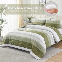 Litanika Olive Green Comforter Set Full 3 Pieces Lightweight Olive Green White Colorblock Stripe Fluffy Bedding Comforter Sets