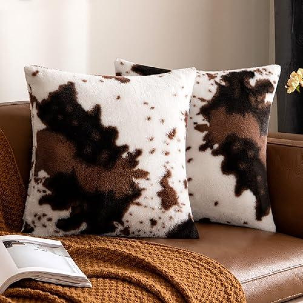 Woaboy Pack Of 2 Luxury Faux Fur Throw Pillow Covers Cowhide Decorative Soft Fluffy Plush Couch Throws Brindle Cushion Covers Fo