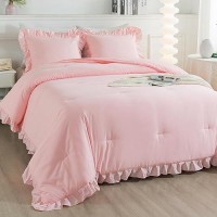 Andency Pink Comforter Set Full 3 Pieces Lightweight Soft Rustic Pink Ruffle Comforter Women Girls Solid Farmhouse Shabby Chic