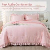 Andency Pink Comforter Set Full 3 Pieces Lightweight Soft Rustic Pink Ruffle Comforter Women Girls Solid Farmhouse Shabby Chic