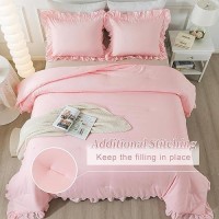 Andency Pink Comforter Set Full 3 Pieces Lightweight Soft Rustic Pink Ruffle Comforter Women Girls Solid Farmhouse Shabby Chic