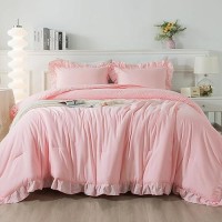 Andency Pink Comforter Set Full 3 Pieces Lightweight Soft Rustic Pink Ruffle Comforter Women Girls Solid Farmhouse Shabby Chic