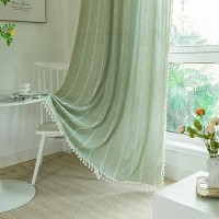 Deeprove Green Boho Curtains 63 Inches Length For Bedroom Kitchen  Cotton Linen Stripes Embroidery Weighted  Bohemian Farmhouse Window Treatment Drape Tassels 1 Panel W52 X L63 Sage