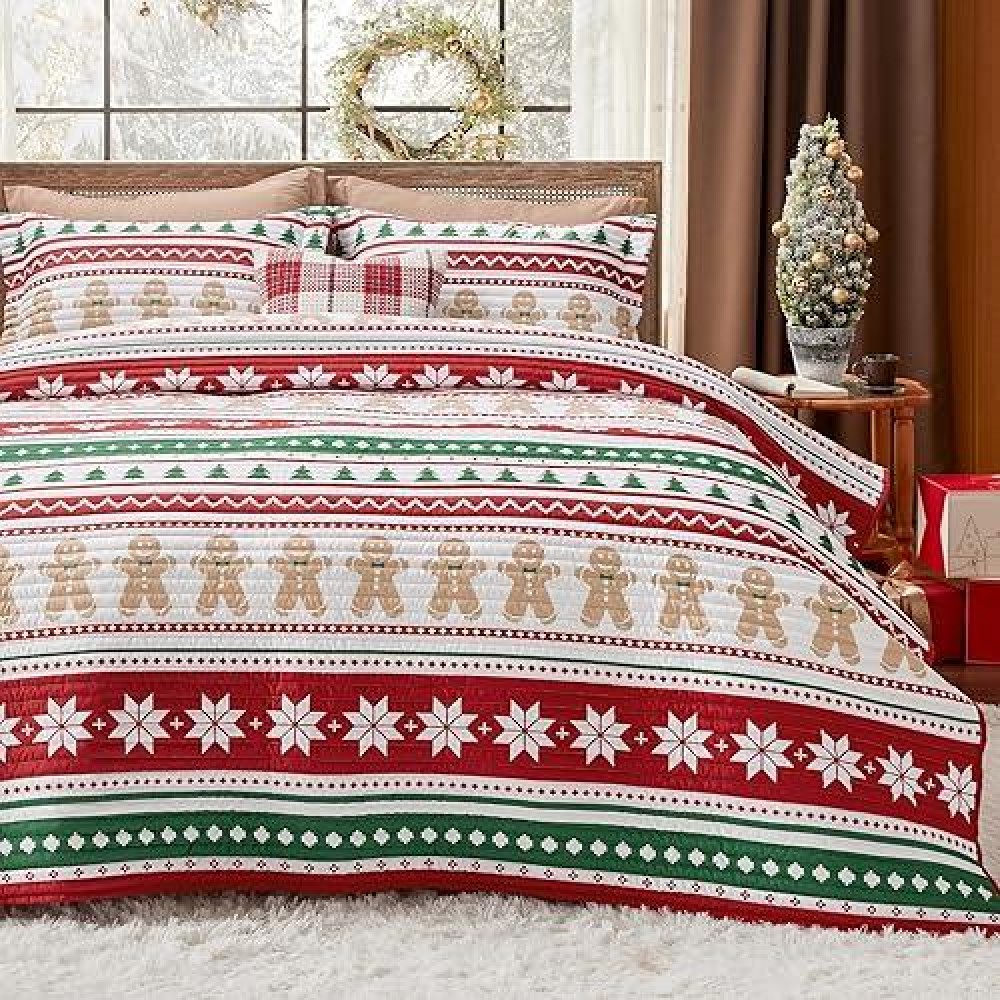 Bedsure Christmas Quilt Set King Red Quilt For King Size Bed Gingerbread Man Striped Printed Pattern Christmas Bedding Set