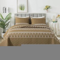 Andency Taupe Quilt Set King (106X96 Inch)  3 Pieces(1 Striped Triangle Printed Quilt And 2 Pillowcases)  Bohemian Summer Lightweight Reversible Microfiber Bedspread Coverlet Sets