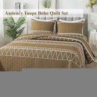 Andency Taupe Quilt Set King (106X96 Inch)  3 Pieces(1 Striped Triangle Printed Quilt And 2 Pillowcases)  Bohemian Summer Lightweight Reversible Microfiber Bedspread Coverlet Sets