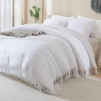 Andency White Full Size Comforter Set 3 Pieces Boho Tassel Lightweight Soft Bedding Comforter Sets All Season Fluffy Fringe Be