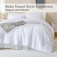 Andency White Full Size Comforter Set 3 Pieces Boho Tassel Lightweight Soft Bedding Comforter Sets All Season Fluffy Fringe Be