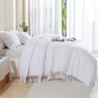 Andency White Full Size Comforter Set 3 Pieces Boho Tassel Lightweight Soft Bedding Comforter Sets All Season Fluffy Fringe Be