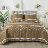 Andency Taupe Quilt Set California King (112X104 Inch)  3 Pieces(1 Striped Triangle Printed Quilt And 2 Pillowcases)  Bohemian Summer Lightweight Reversible Microfiber Bedspread Coverlet Sets