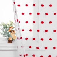 Mysky Home 84 Inch Long Christmas Curtains For Living Room Red Pom Pom Curtains For Bedroom White Sheer Curtains For Nursery Rod